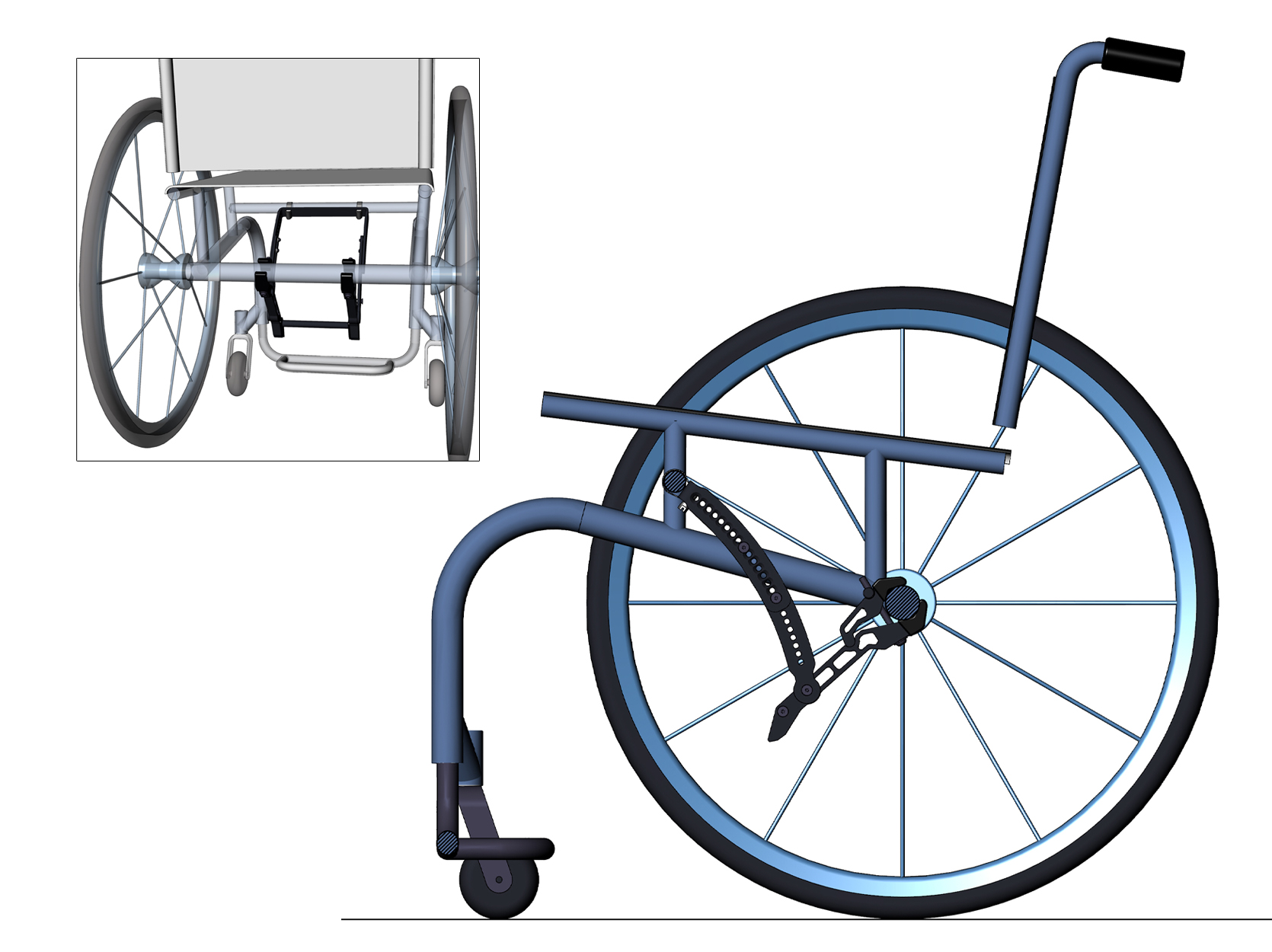 L’assistance à la propulsion électrique s'adapte à presque tous les fauteuils roulants manuels à châssis rigide ou pliant (photo: support pour cadre rigide)