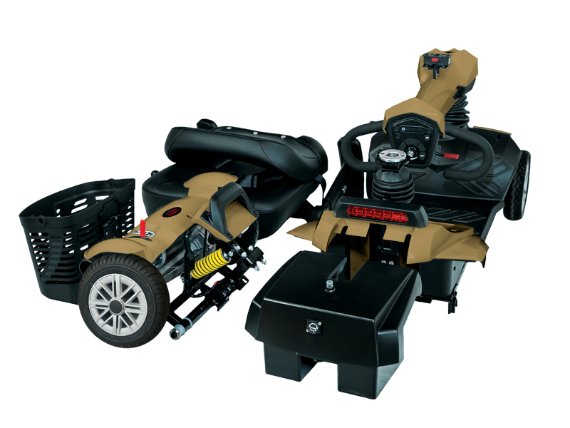 Te demonteren in 5 delen: voorframe (21 kg), achterframe (15 kg), accubak (3 kg), stoel (10 kg) boodschappenmand (0,6 kg)